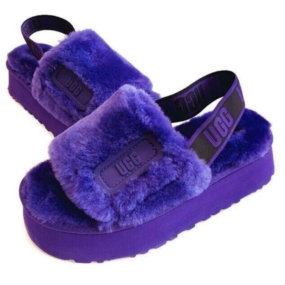 UGG fluffy platforms slide in purple